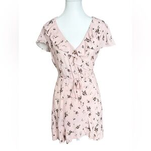 Sunday Best Floral Wrap Pink Ruffle Mini Dress Tie Waist Size S